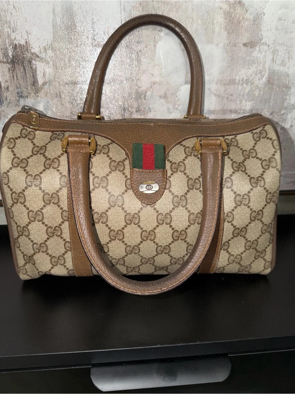 Gucci Beige GG Canvas Satchel with Brown Leather and Signature Web